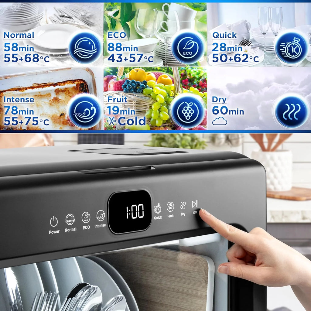 Duronic DW10 BK Zmywarka nablatowa bez przyłącza do wody przenośna kompaktowa stołowa czarna możliwy stały podłącz mini mała do naczyń 1050W