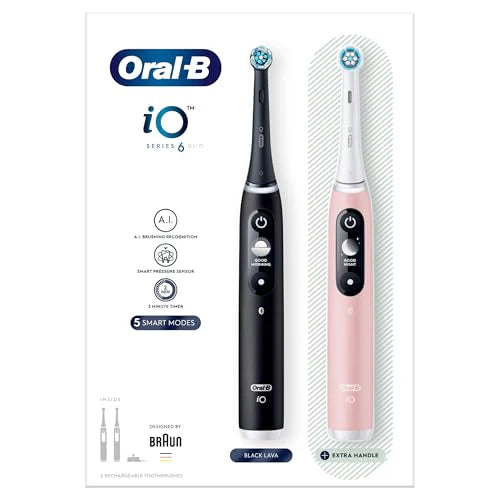 Oral-B iO6 2 x elektryczne szczoteczki do zębów z rewolucyjną technologią iO, 2 uchwyty, 2 głowice szczoteczki do zębów, 5 trybów wybielania zębów, wtyczka 2-pinowa, czarna lawa i różowy piasek