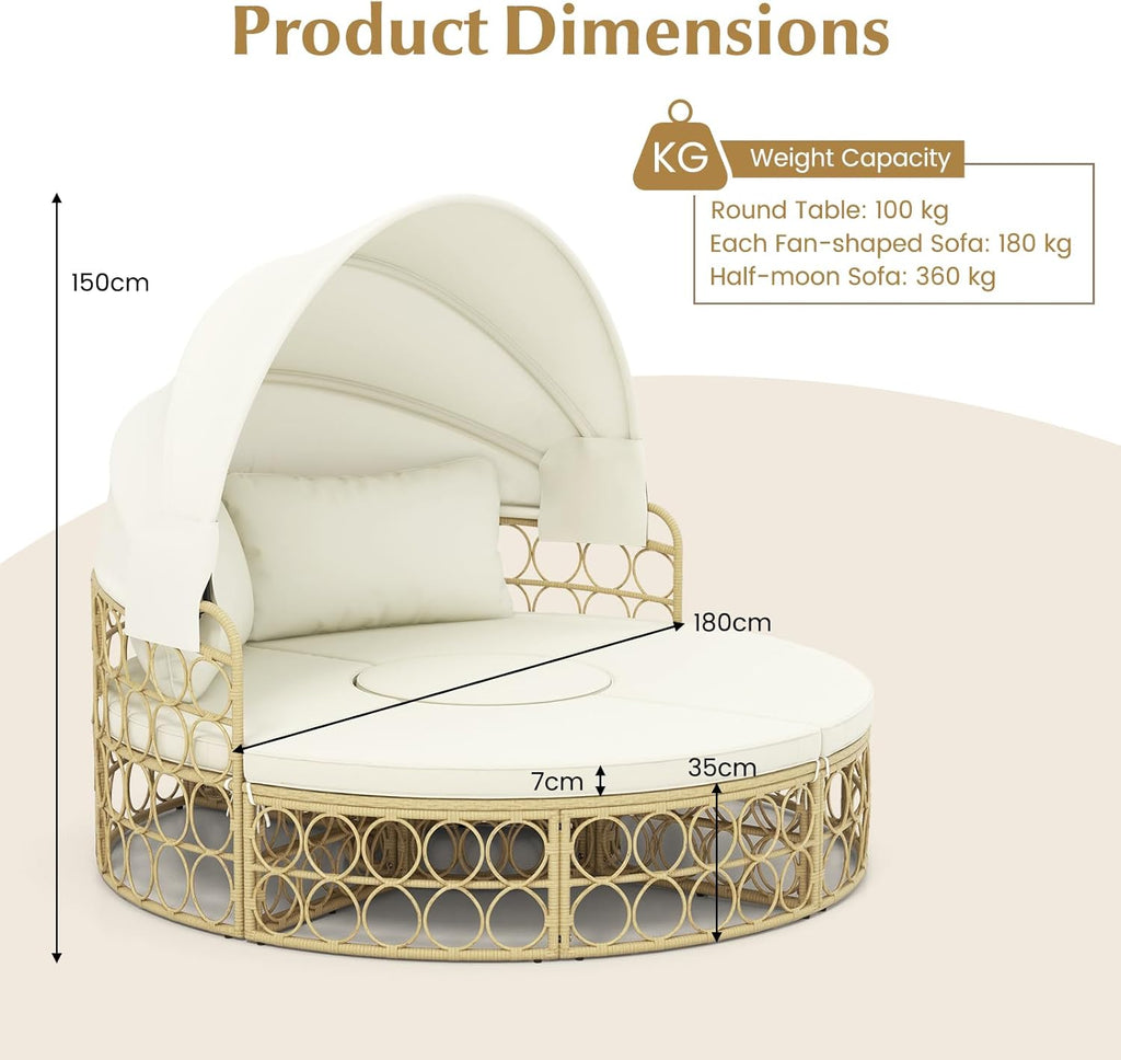 GIANTEX Sofa rozkładana okrągła z wysuwaną markizą, 5-częściowy zestaw mebli ogrodowych PE modułowy leżak rattanowy, zestaw mebli ogrodowych 180 x 150 cm, na werandę, tył, basen, beżowy