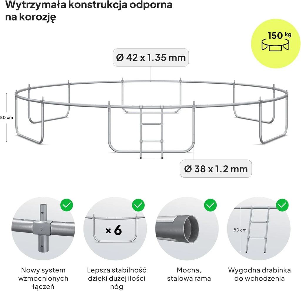 ZIPRO JumpPro IN Trampolina Ogrodowa, Trampolina dla Dzieci, z Siatką Wewnętrzną, Odporna na Warunki, Ochrona UV, Udźwig 100-150 kg, Ø 183/252/312/374/435/496 cm