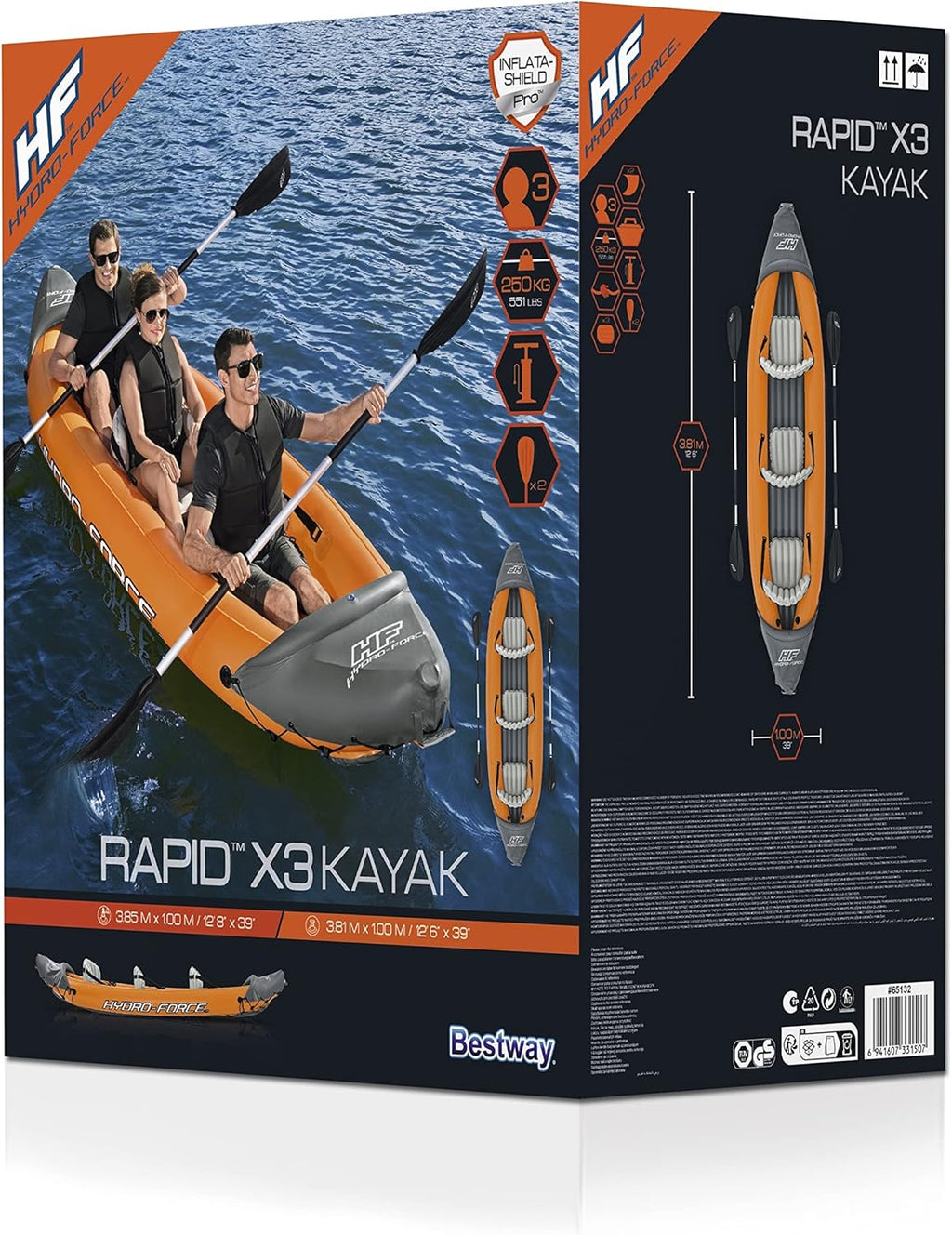 Hydro-force Lite Rapid Kajak, 3-osobowy, nadmuchiwany kajak, do siedzenia, z oparciem, 2 wiosłami i pompką ręczną, pomarańczowy, jeden rozmiar