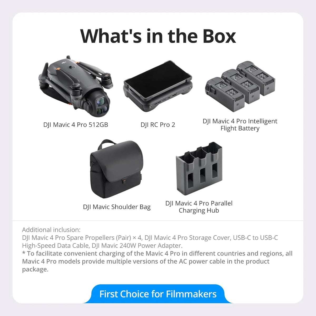 DJI Mavic 4 Pro 512 GB Creator Combo z DJI RC Pro 2, flagowy dron trójkamerowy z kamerą Hasselblad CMOS 100 MP 4/3, maksymalny czas lotu 51 minut, trzema bateriami, koncentratorem ładowania i nie
