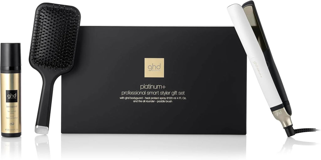 GHD Platinum+ Profesjonalna i Inteligentna Ceramiczna Prostownica do Włosów z Ochronnym Sprayem Termicznym Bodyguard i Wiosłownicą All Rounder, Biała – Tylko dla Amazon