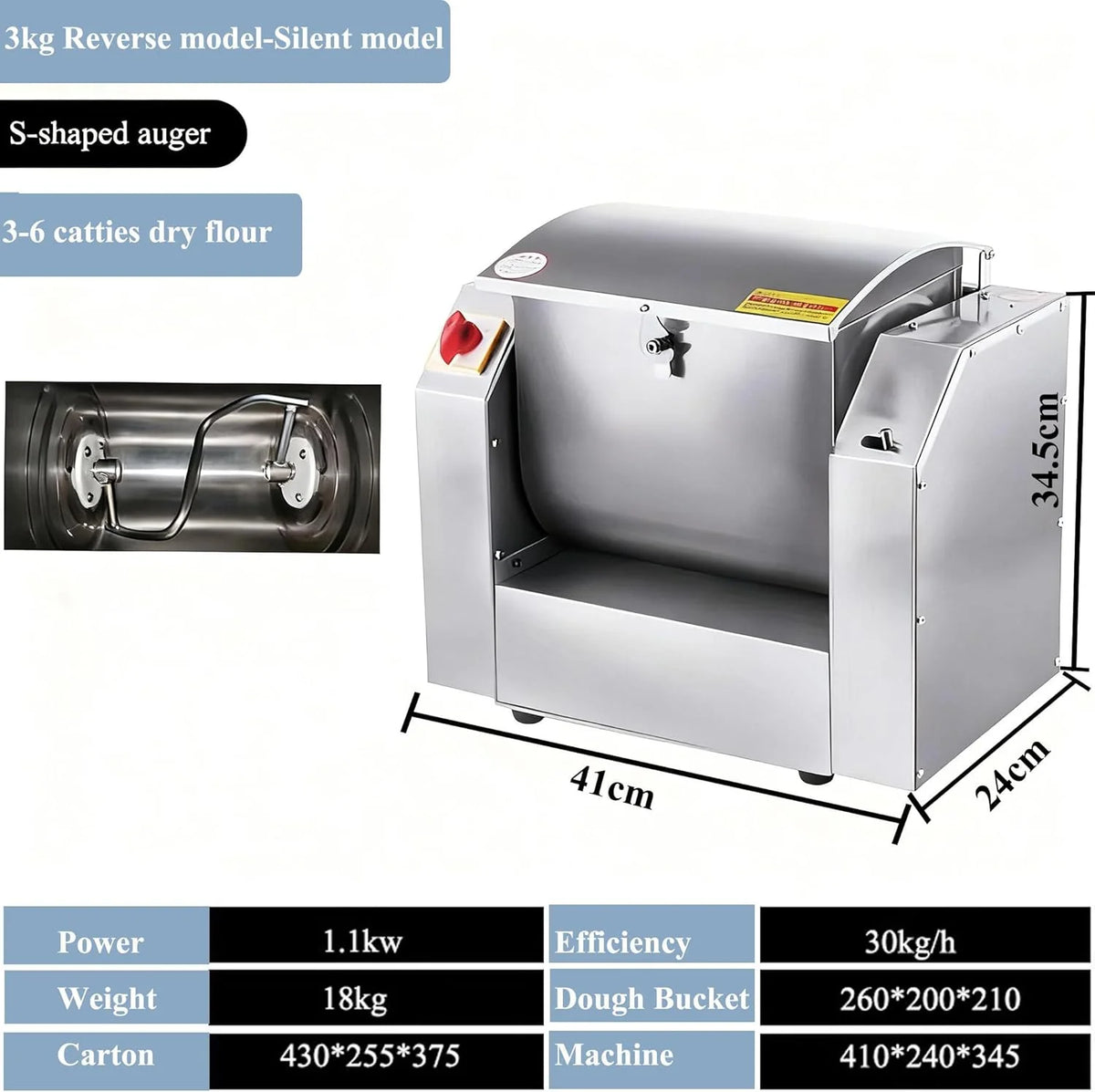 1100w/1500w Profesjonalny Mikser Spiralny Do Ciasta,Uniwersalny Komercyjny Mikser Do żywności,Elektryczny Blender,Timerem,30/50/70/100 Kg/H,Na Pizzę,Makaron,Chleb I Pieczywo 3KG