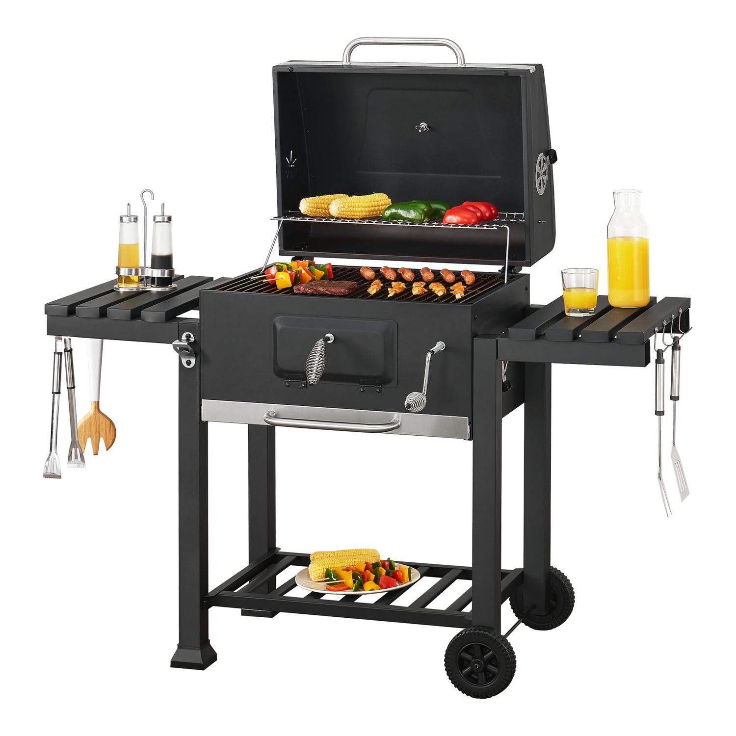 Grill węglowy Arnad z 2 stalowymi półkami 105x135x48cm - czarny [casa.pro](Por omisión)