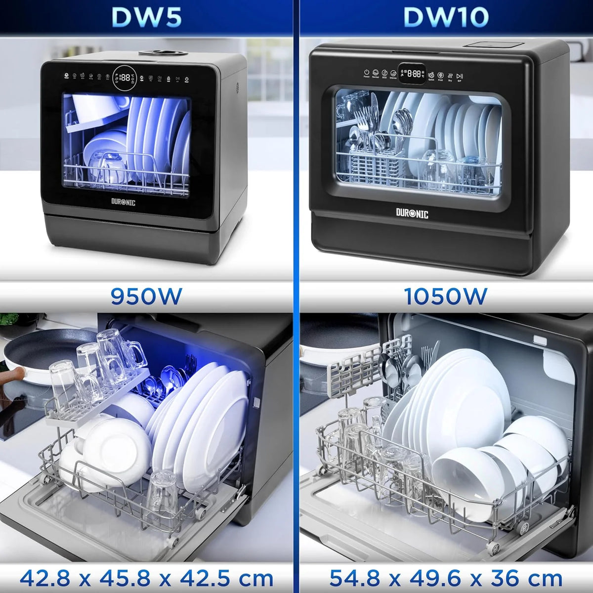 Duronic DW10 BK Zmywarka nablatowa bez przyłącza do wody przenośna kompaktowa stołowa czarna możliwy stały podłącz mini mała do naczyń 1050W