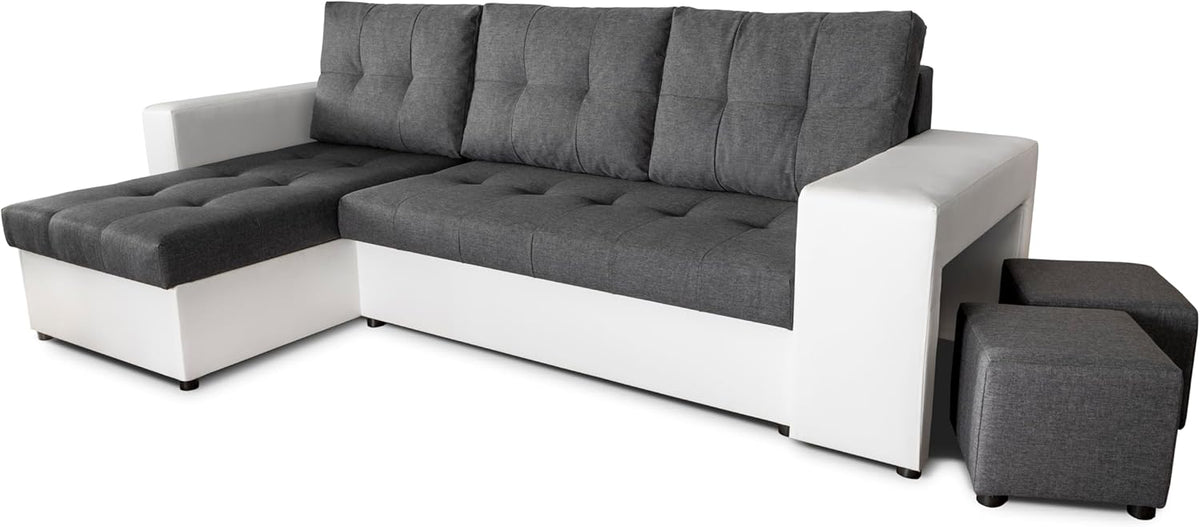 NAWSTOL - Sofa narożna Leon z funkcją spania i skrzynią na pościel – nowoczesna sofa do salonu – możliwość montażu z lewej lub prawej strony (szara + biała sztuczna skóra)