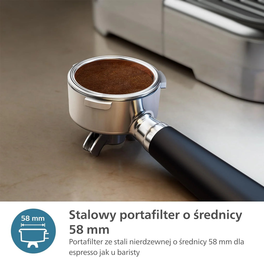 Półautomatyczny ekspres do kawy PHILIPS Barista Brew - pojedyncze i podwójne espresso + przycisk Americano, podwójny pojemnik na kawę ziarnistą, kalibrowane ubijanie, metalowe cappuccino (PSA3228/41)