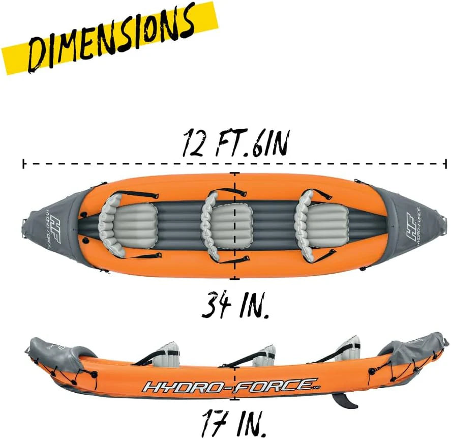 Hydro-force Lite Rapid Kajak, 3-osobowy, nadmuchiwany kajak, do siedzenia, z oparciem, 2 wiosłami i pompką ręczną, pomarańczowy, jeden rozmiar
