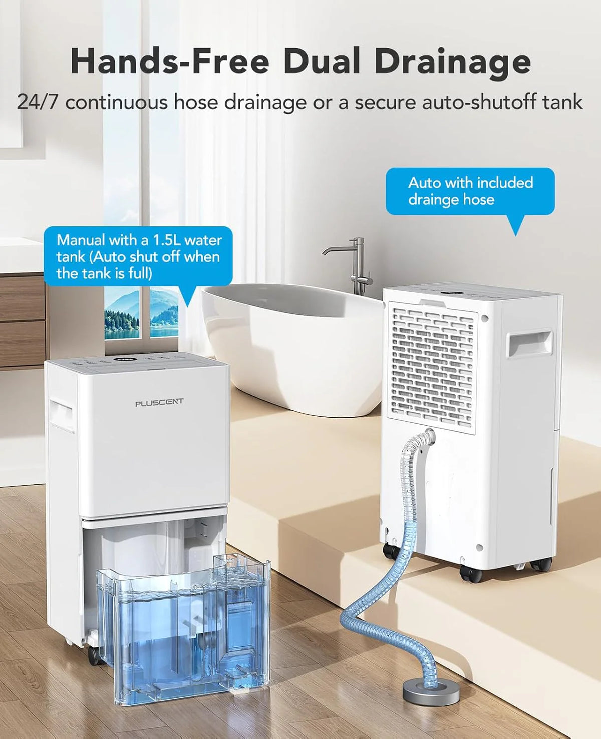 Osuszacz powietrza 1500 m2 do piwnicy z wężem spustowym, 21 litrów/dzień, do domu, łazienki, sypialni, dużego pokoju, inteligentna kontrola wilgotności, 3 tryby, automatyczne rozmrażanie, automatyczny